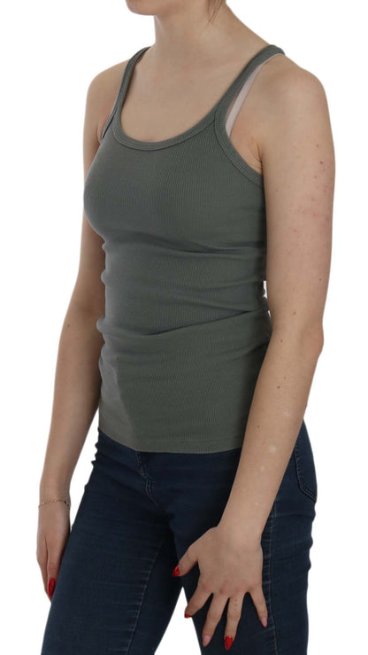 Elegant Round Neck Sleeveless Green Cotton Blouse