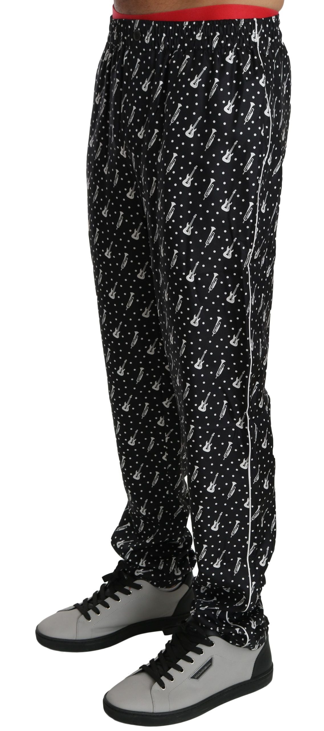 Elegant Black Musical Instrument Print Silk Pants