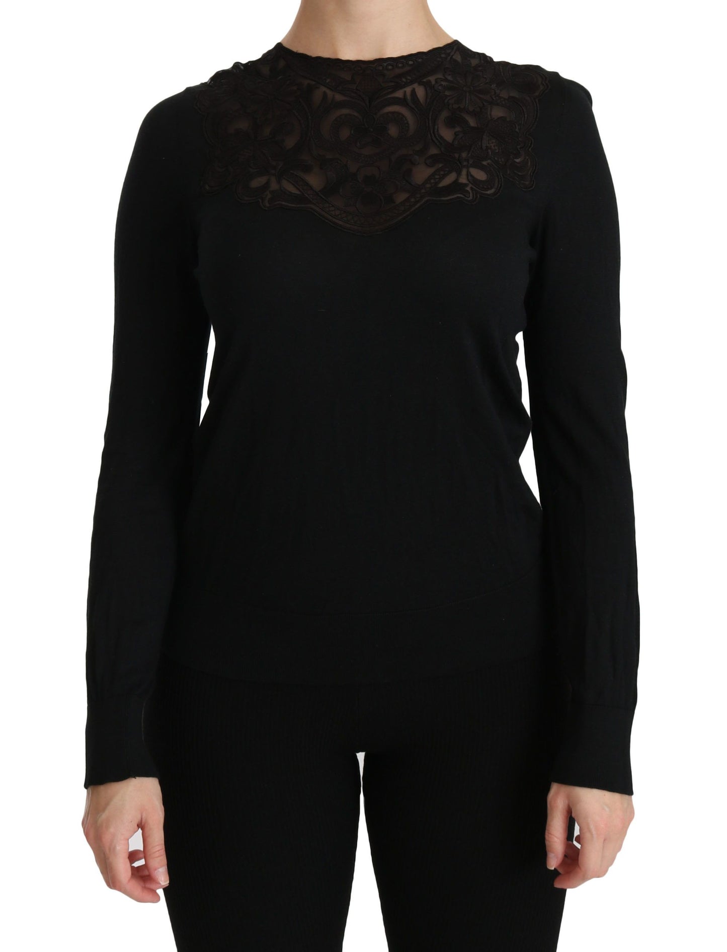 Elegant Silk-Blend Black Lace Blouse