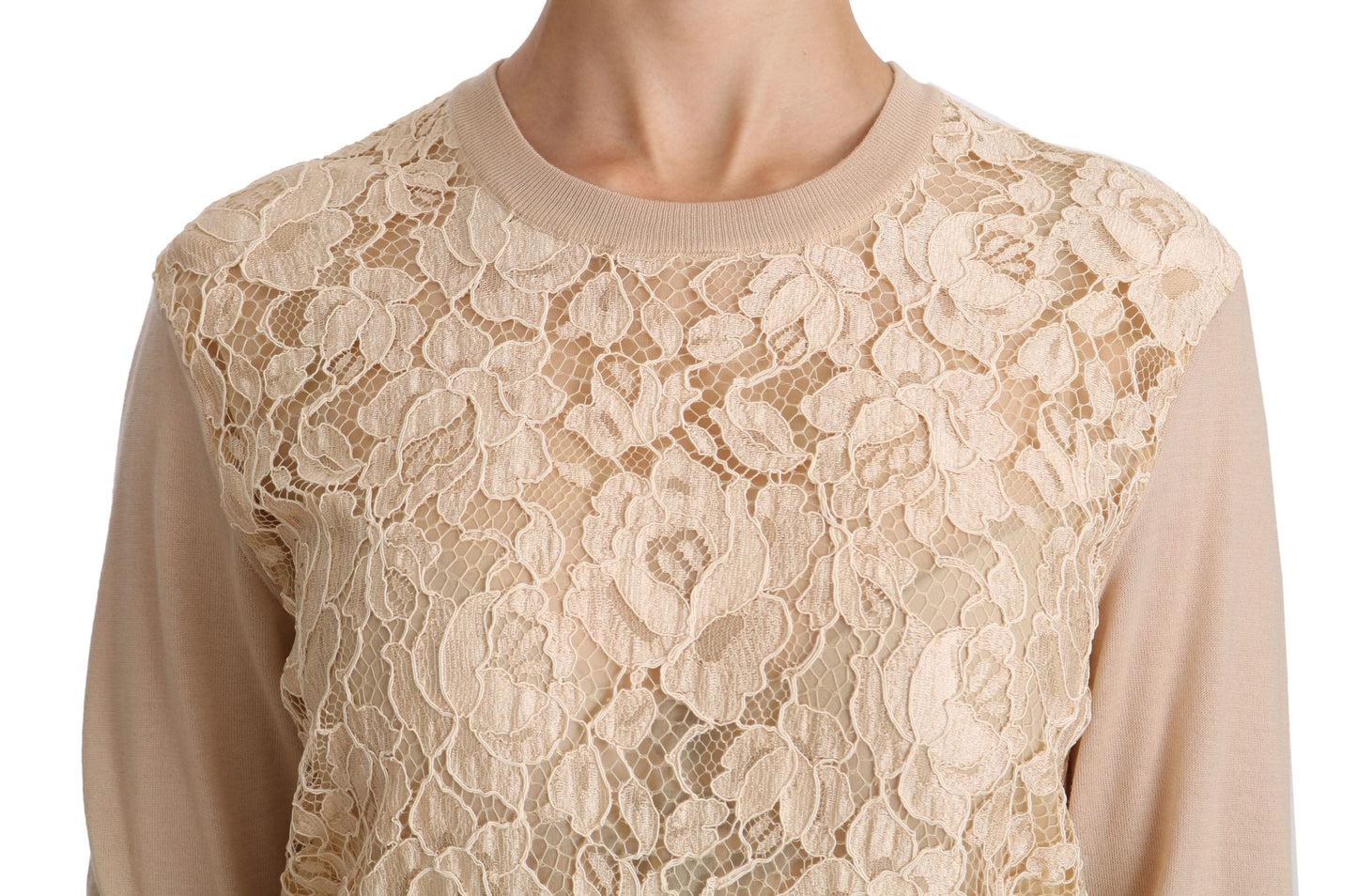 Elegant Beige Lace Crew Neck Cashmere Blouse