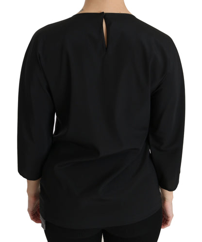 Elegant Black Silk Stretch Embroidered Top