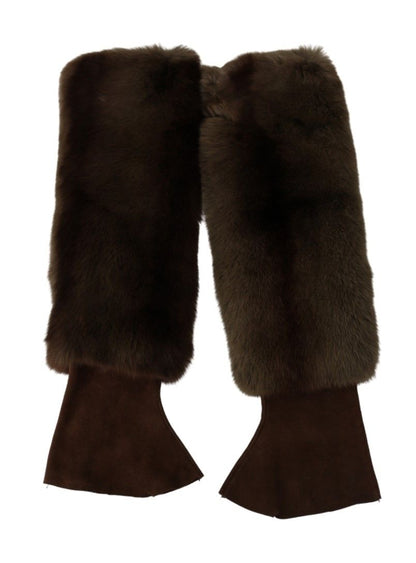 Elegant Brown Fur & Leather Elbow-Length Gloves