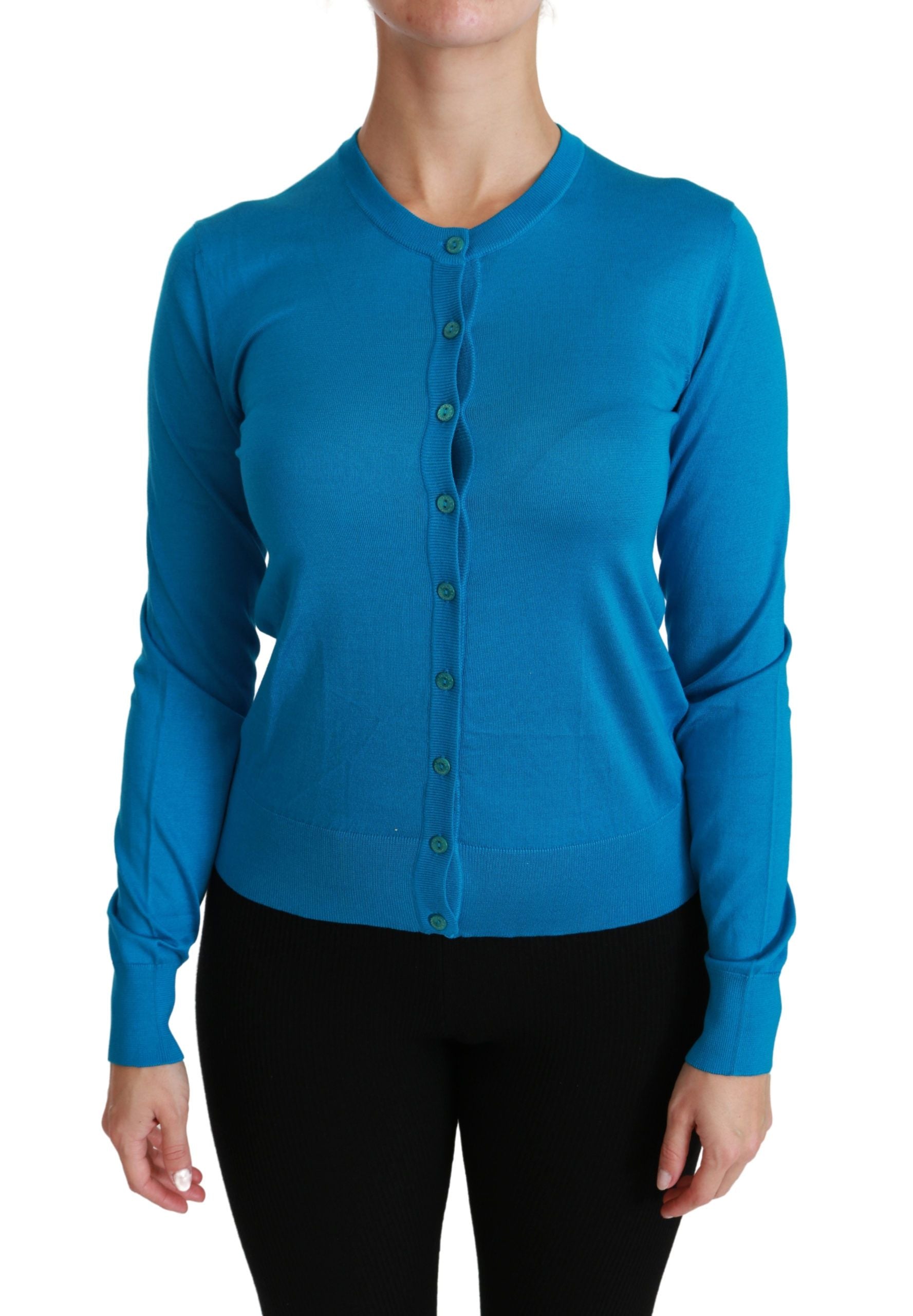 Elegant Silk Blue Crewneck Cardigan