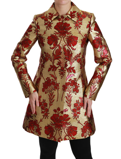 Elegant Gold Floral Brocade Trench Coat