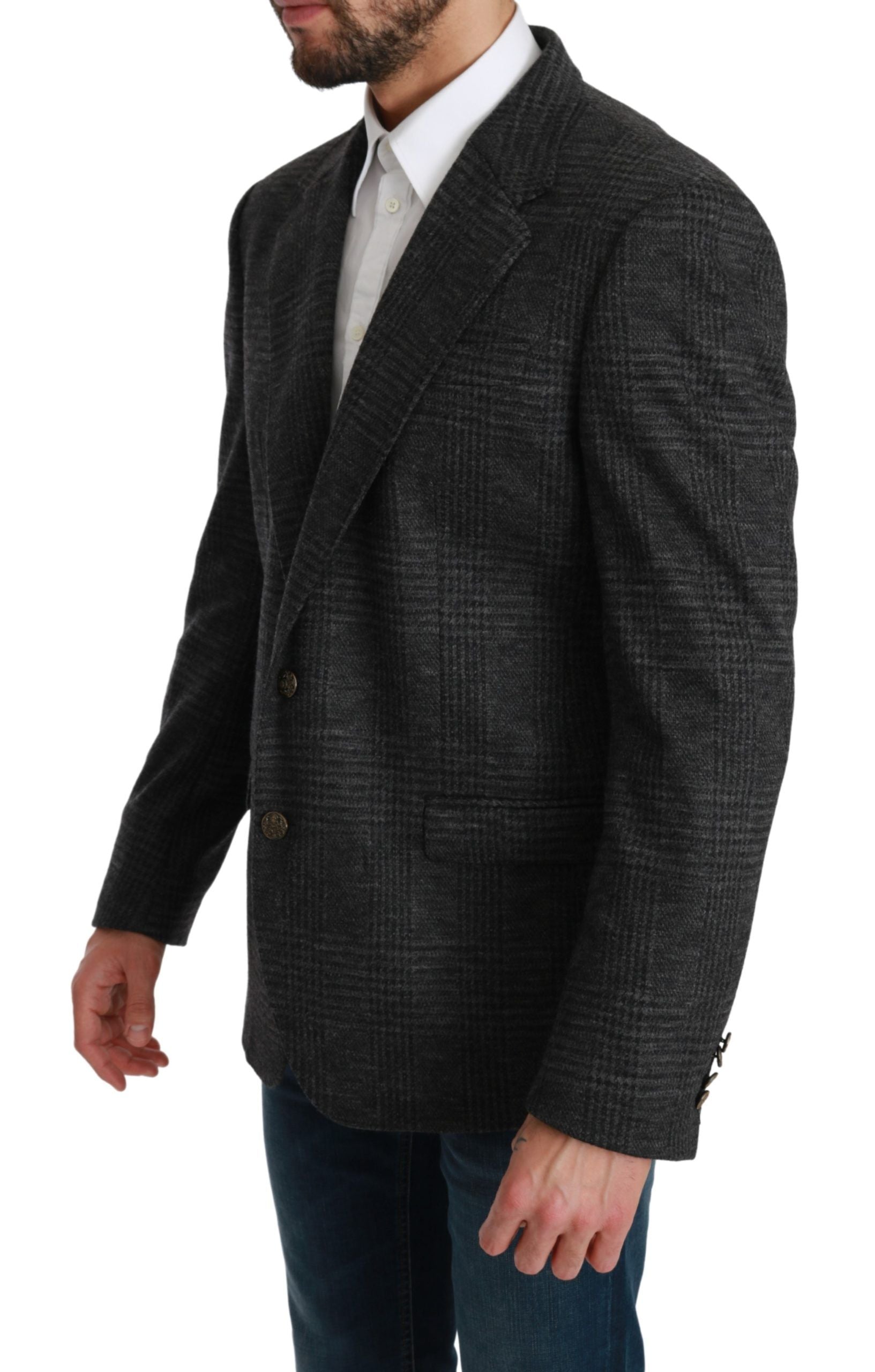 Elegant Gray Plaid Virgin Wool Blazer