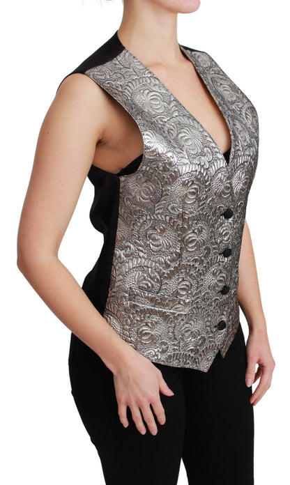 Elegant Silver Sleeveless Brocade Vest