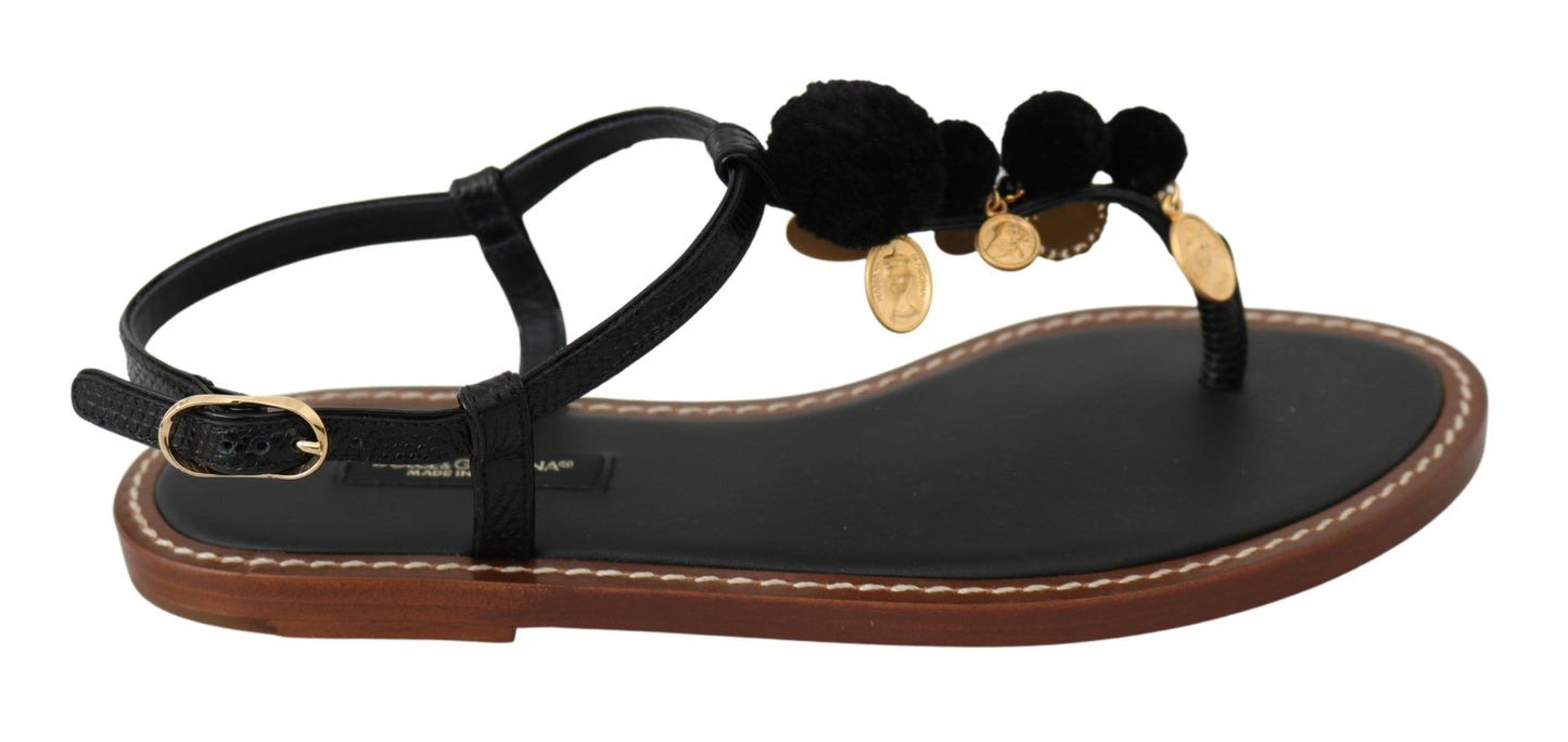 Pom Pom Flip Flop Ankle Strap Flats