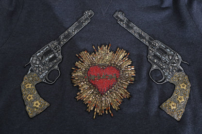 Gray Crystal Heart Gun Motif Sweater