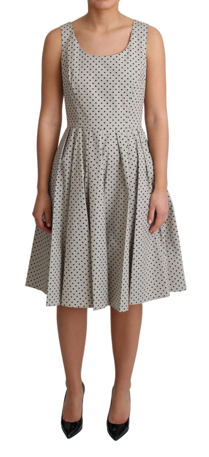 Polka-Dotted Beige Sleeveless A-line Dress