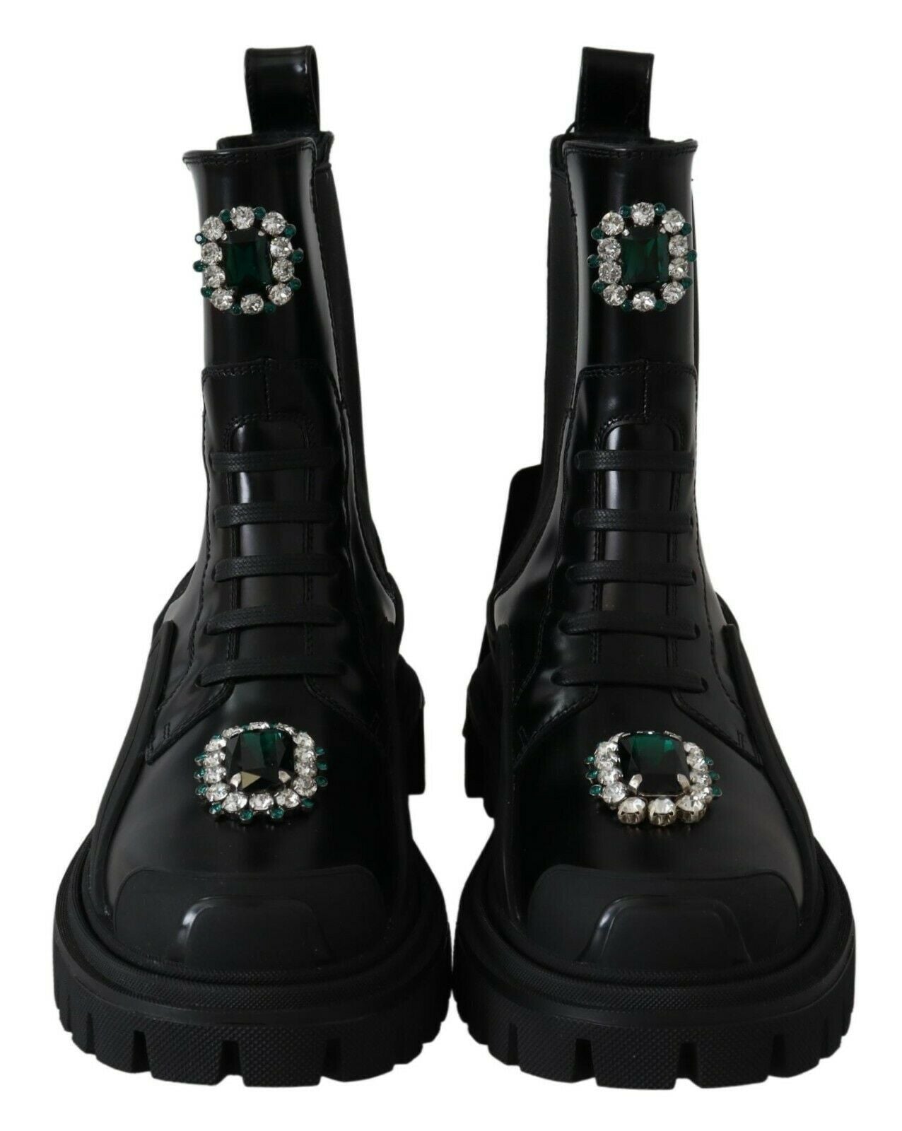 Elegant Black Leather Combat Boots with Crystal Detail