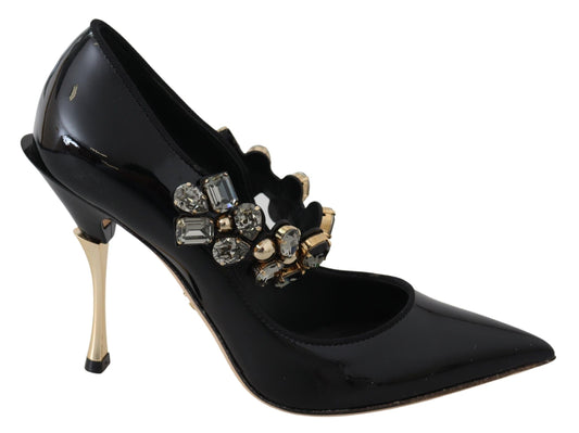 Elegant Black Leather Crystal Pumps