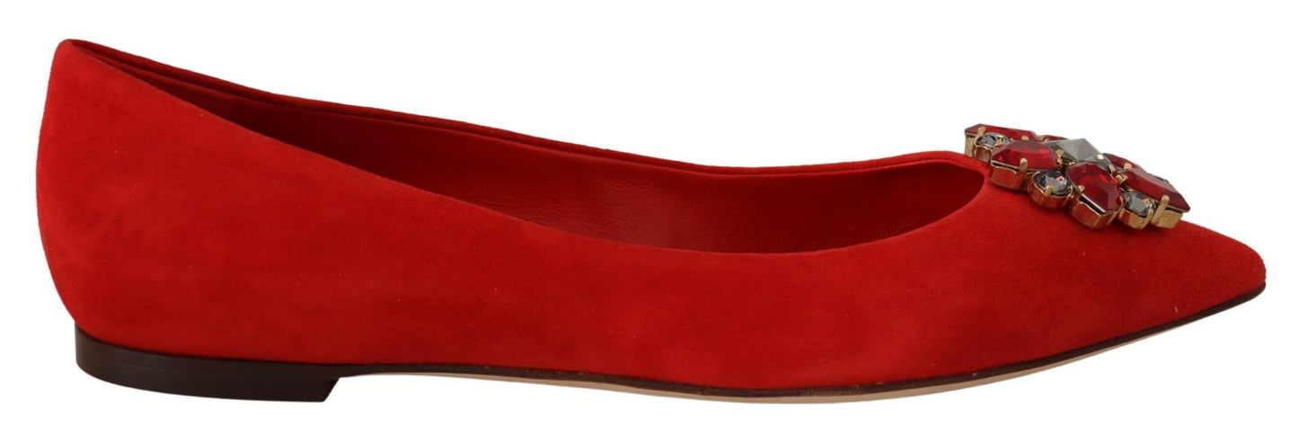 Crystal Embellished Red Suede Flats