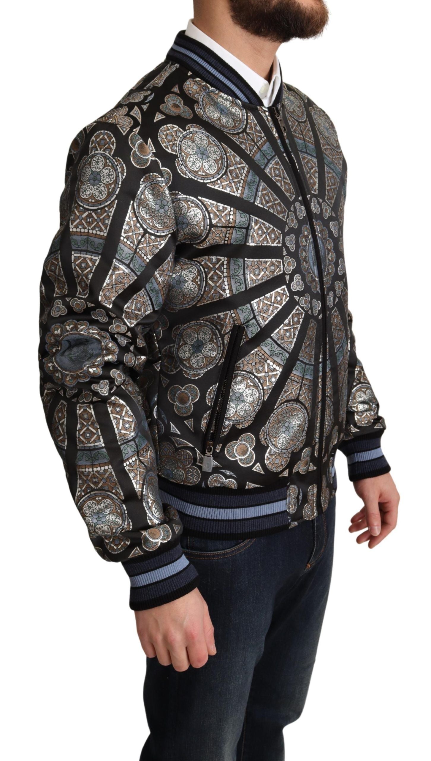 Elegant Jacquard Bomber Jacket in Blue