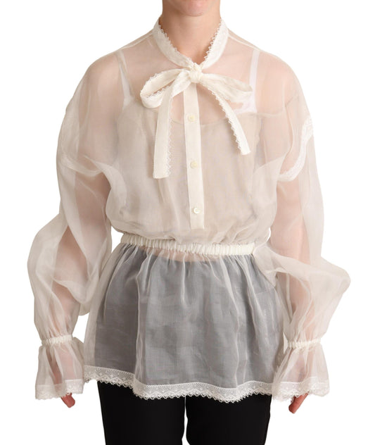 Elegant White Silk-Cotton Ascot Blouse