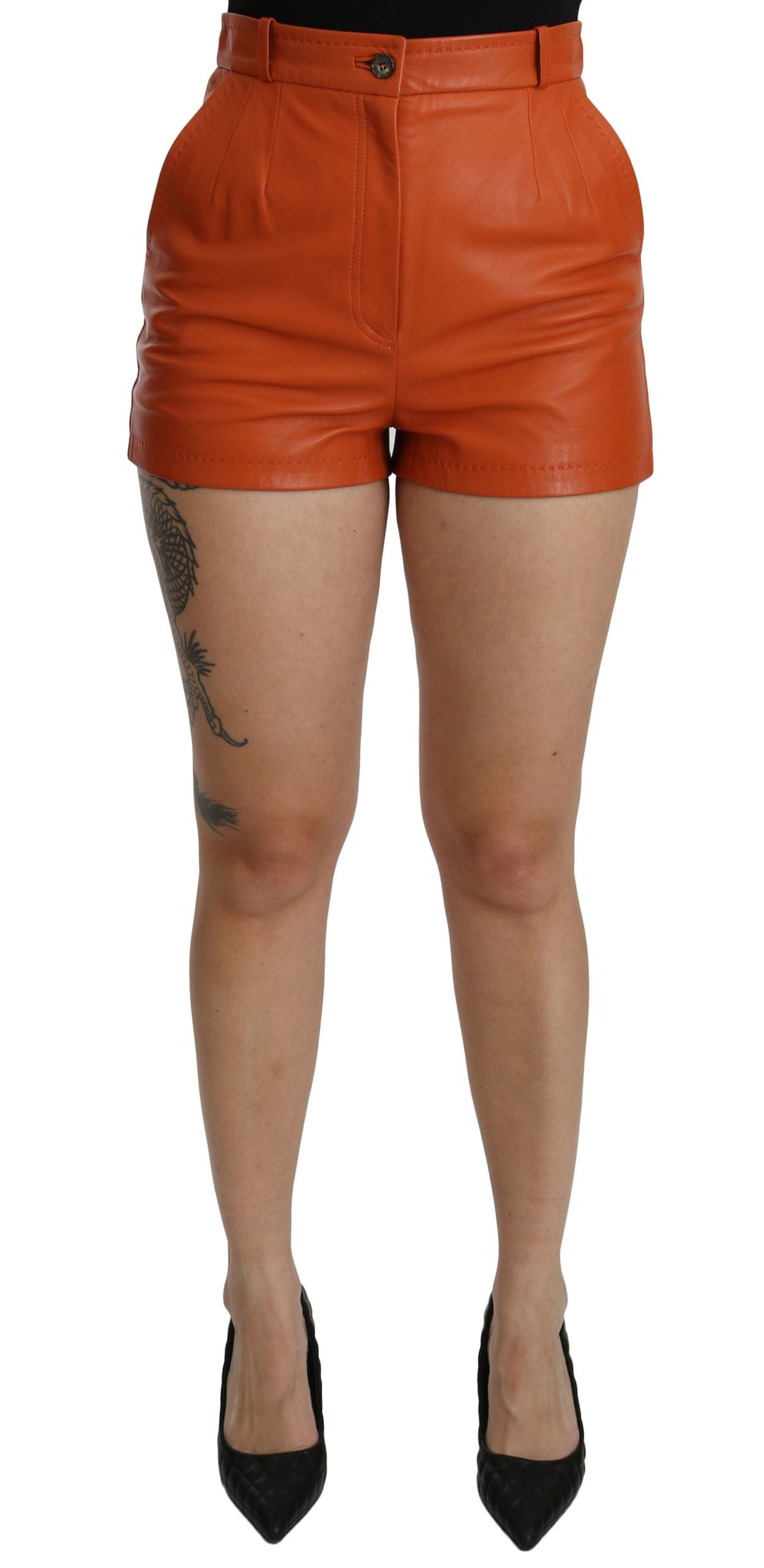 Chic Orange Leather High Waist Hot Pants