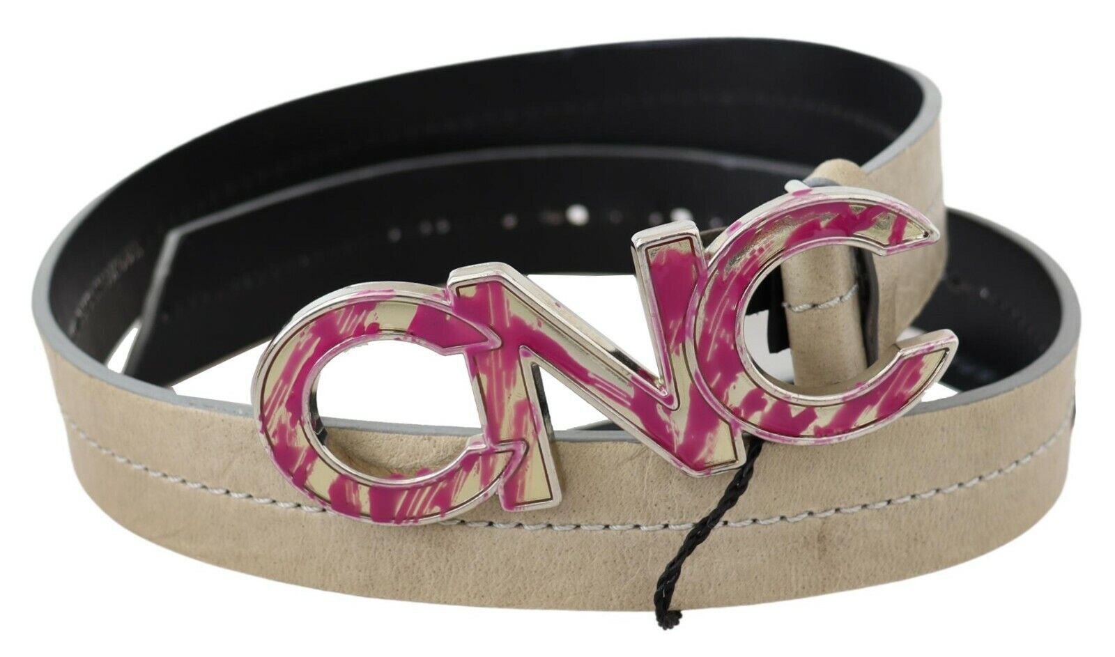 Beige Leather Fashion Belt with Logo Detail