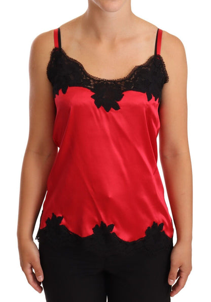 Silk Blend Lace-Trim Camisole in Red & Black