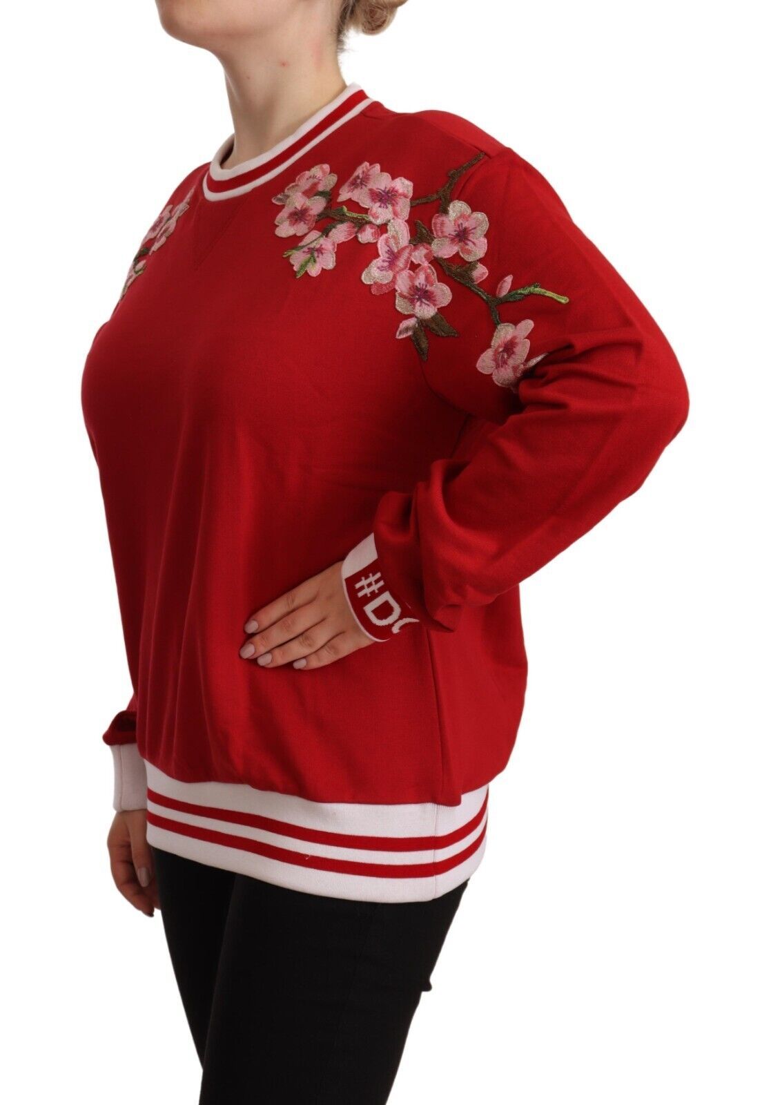 Elegant Red Crewneck Pullover with Floral Motif