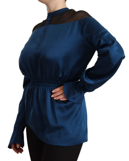 Elegant Crew Neck Silk Blouse in Blue