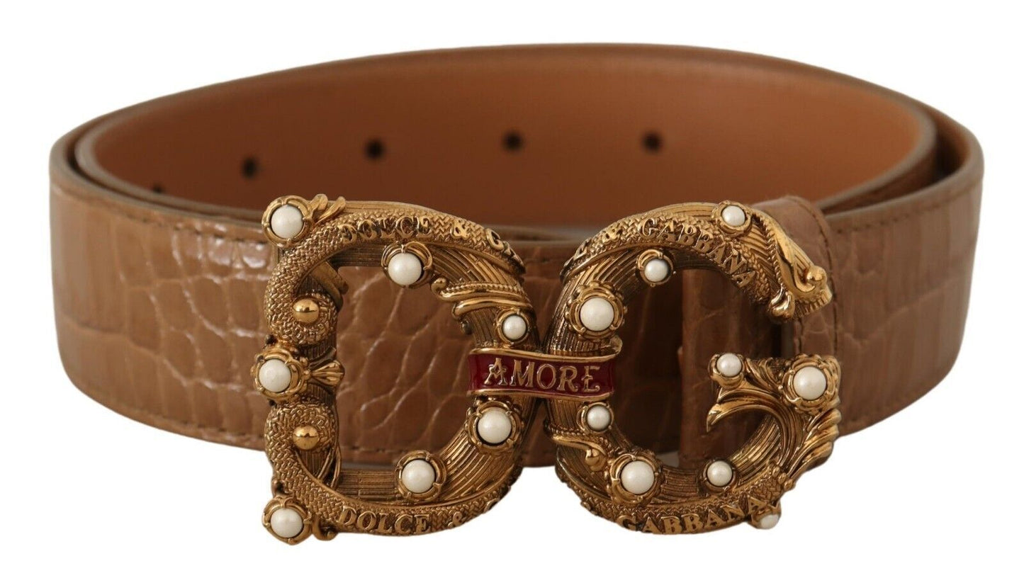 Elegant Croco Leather Amore Belt with Pearls