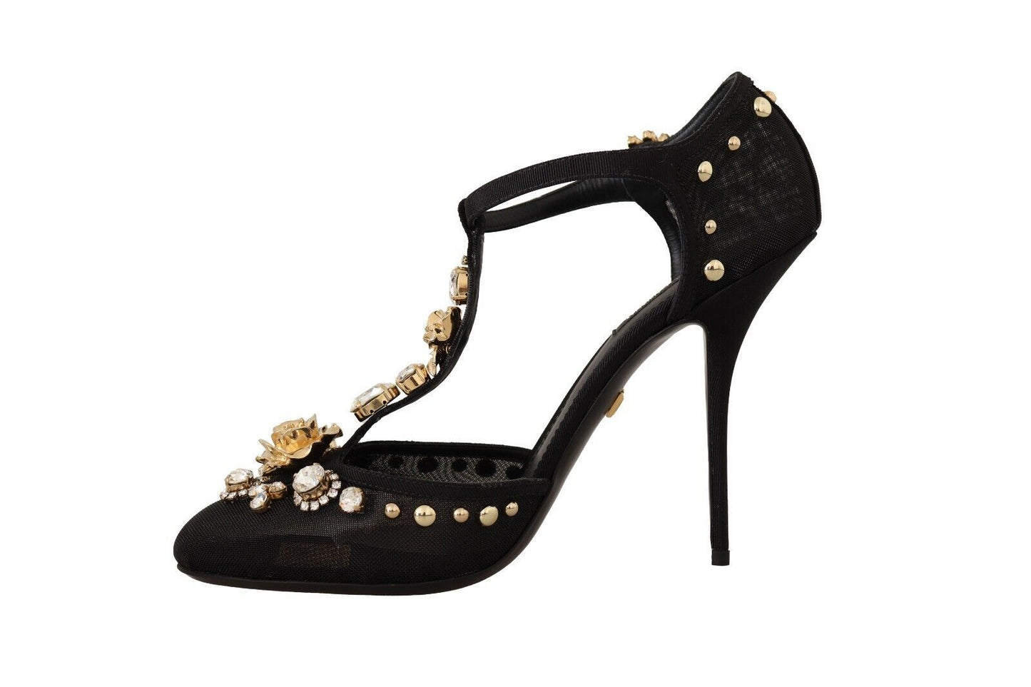 Elegant Crystal-Embellished Mesh T-Strap Pumps