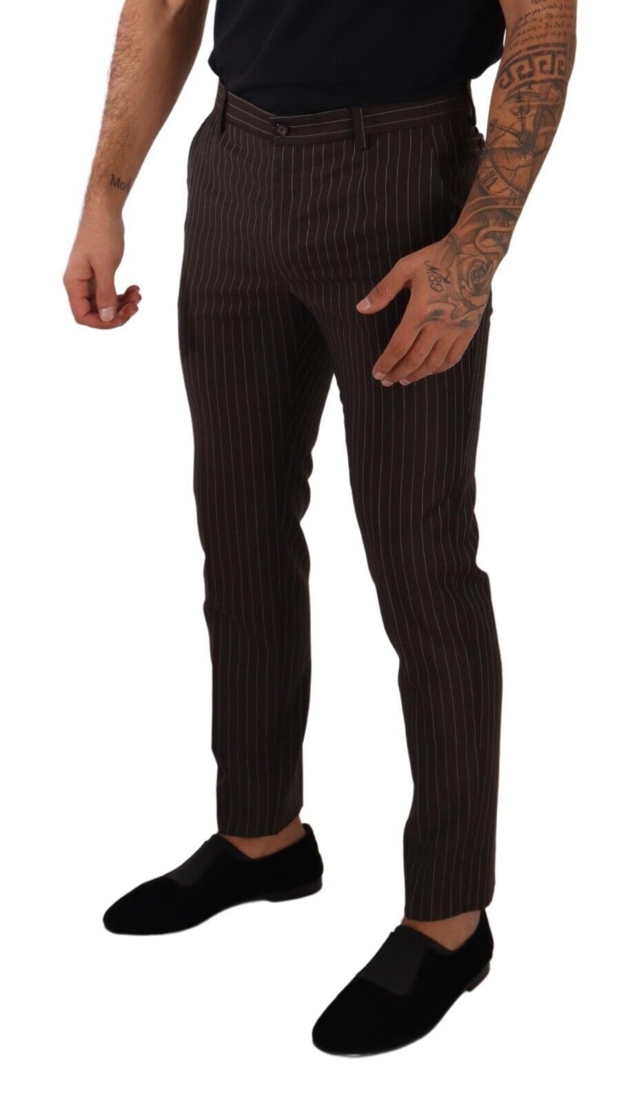 Elegant Brown Striped Woolen Men's Trousers