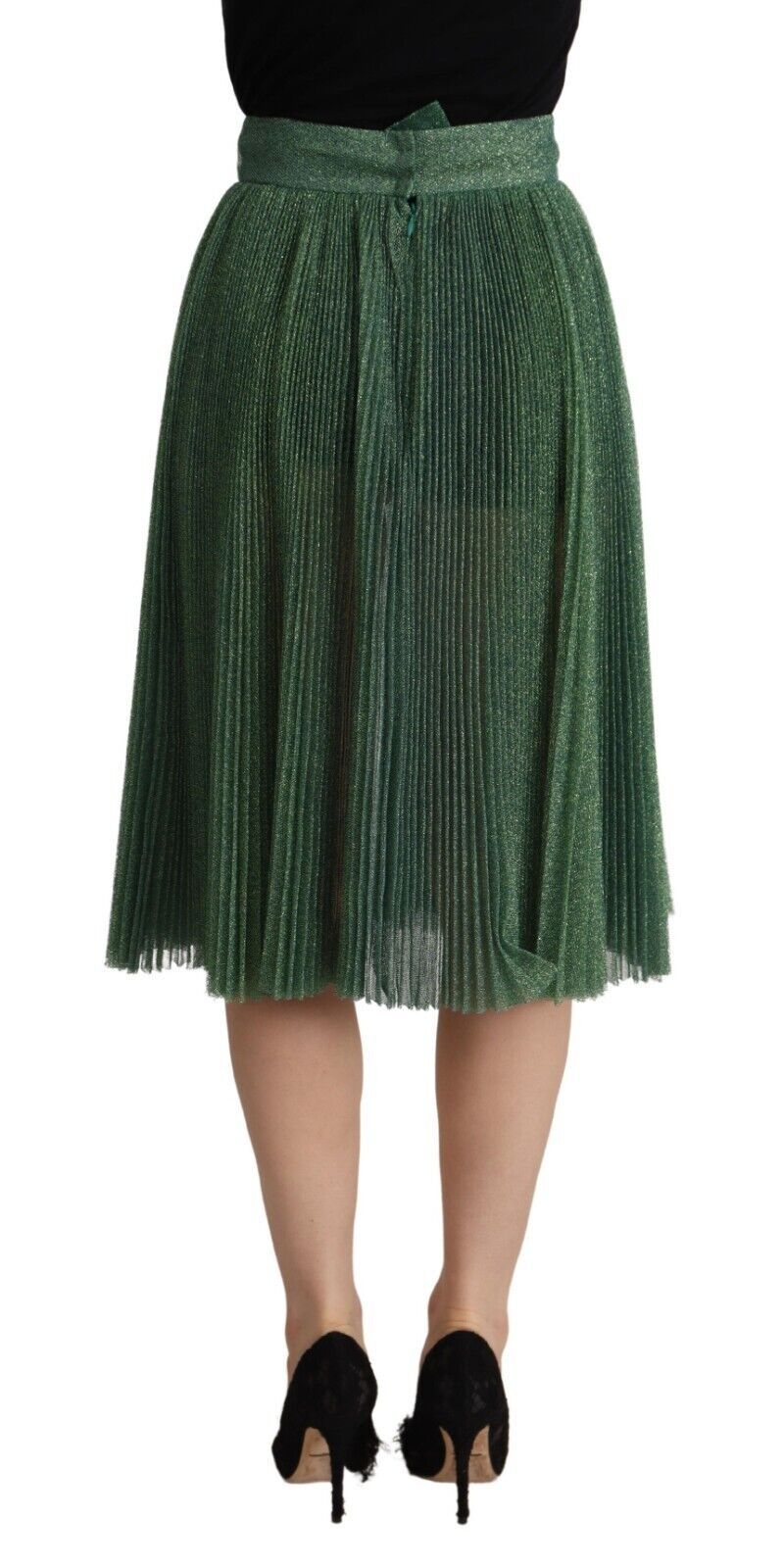 Metallic Green Pleated A-Line Midi Skirt