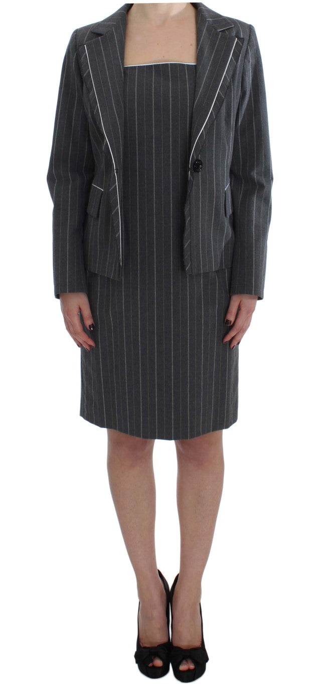 Elegant Gray Striped Dress & Blazer Suit Set