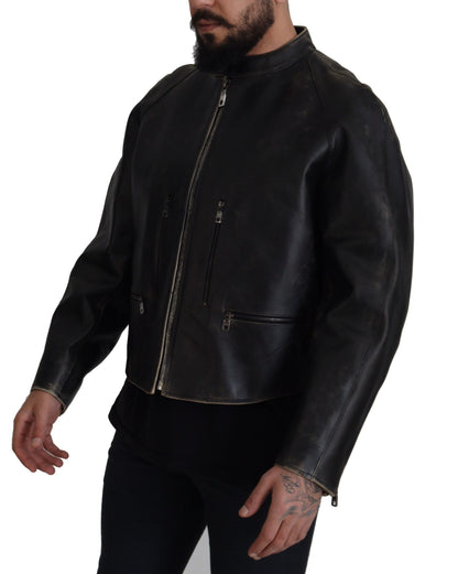 Elegant Black Leather Jacket with Silver Details