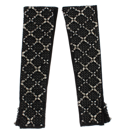 Elegant Black Crystal Beaded Leather Gloves