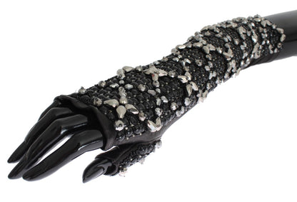 Elegant Black Crystal Beaded Leather Gloves