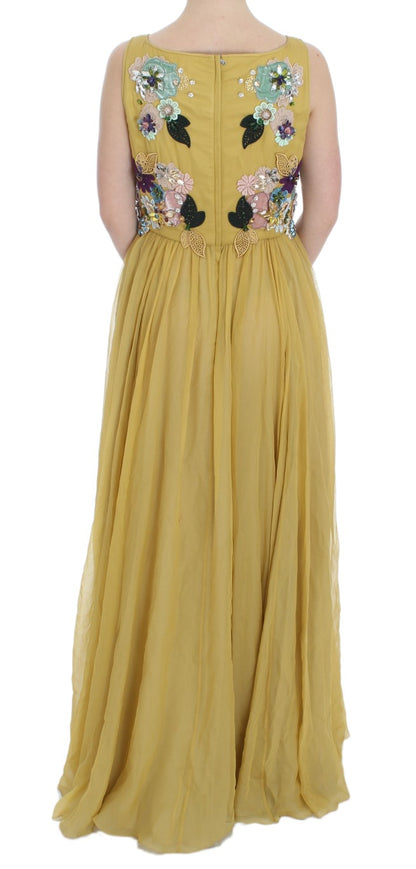 Enchanting Yellow Silk Floral Appliqué Gown