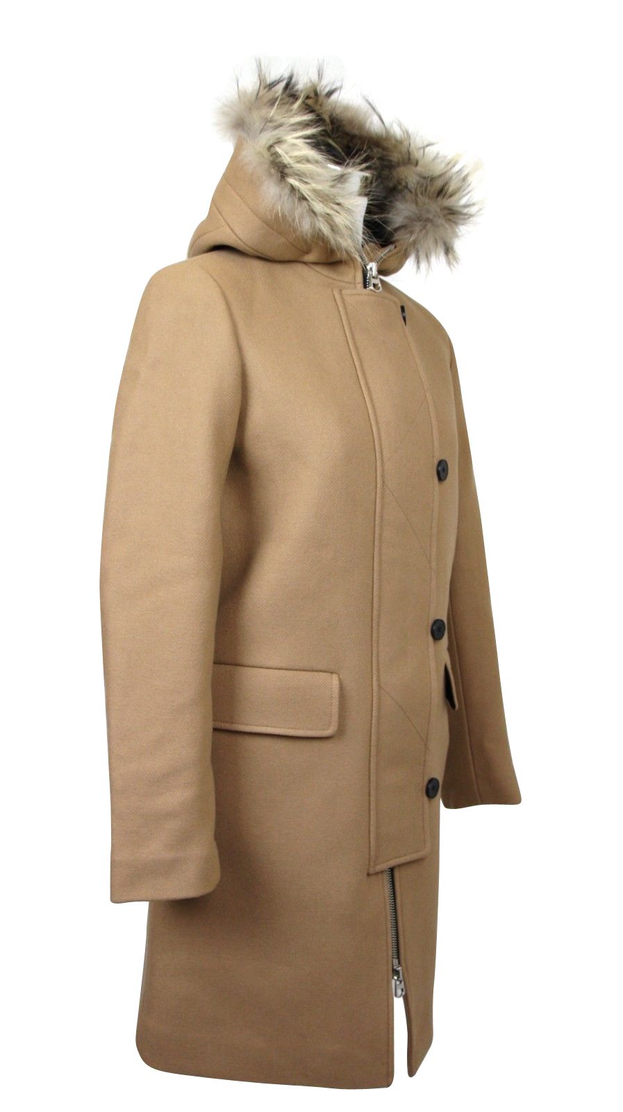 Women's Camel Kurt Wool Coat Fur Trim Hood