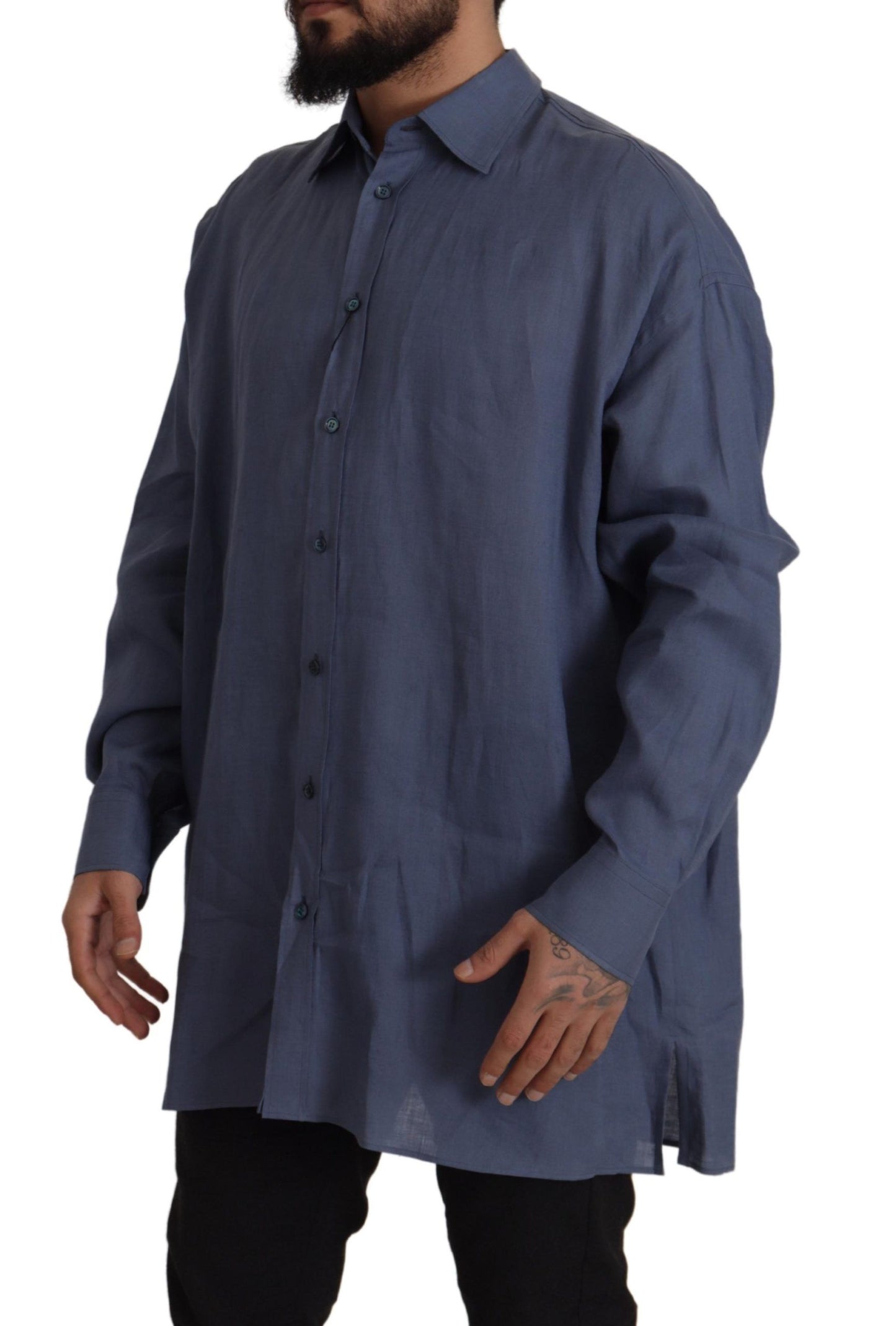 Elegant Dark Blue Linen Dress Shirt