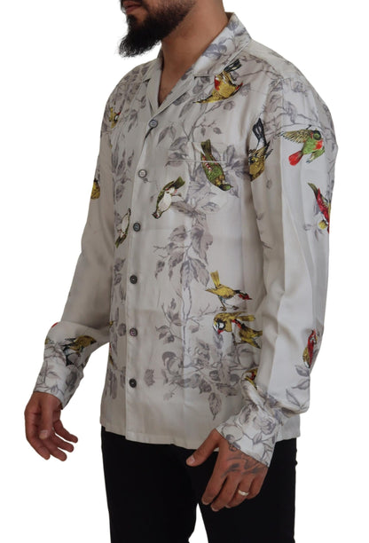 Elegant Silk Bird Print Casual Shirt