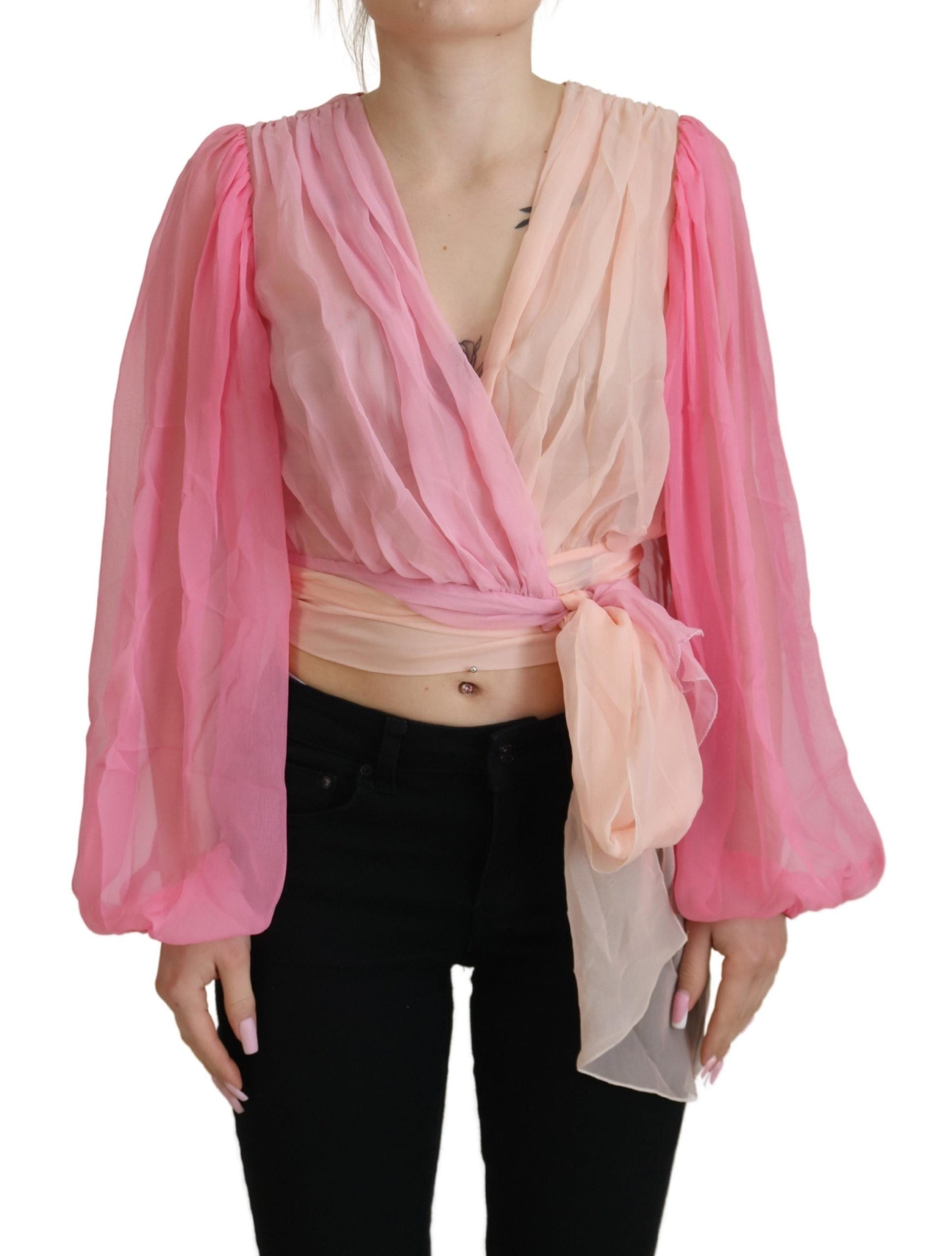 Silk V-Neckline Wrap Blouse in Pink