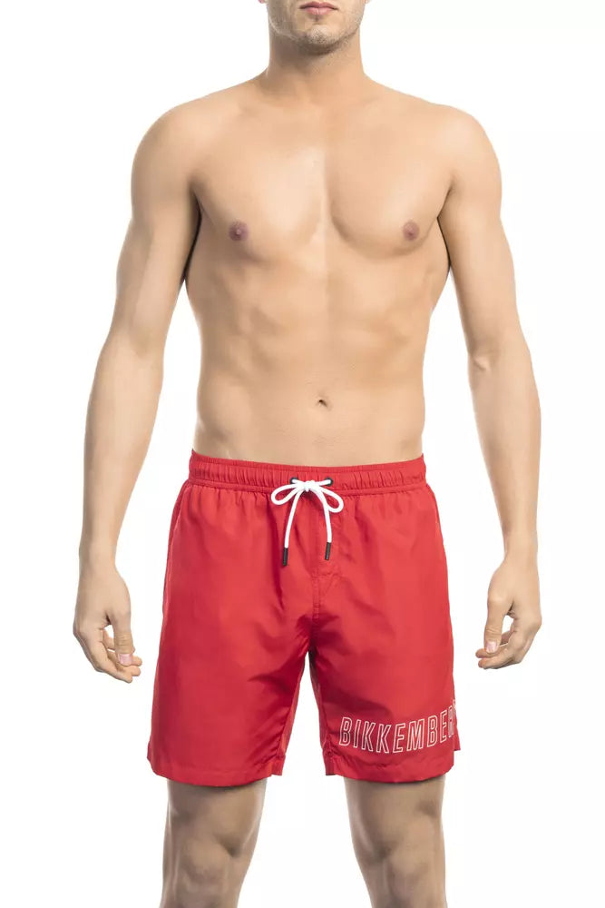 Red Polyester Men Swim Short