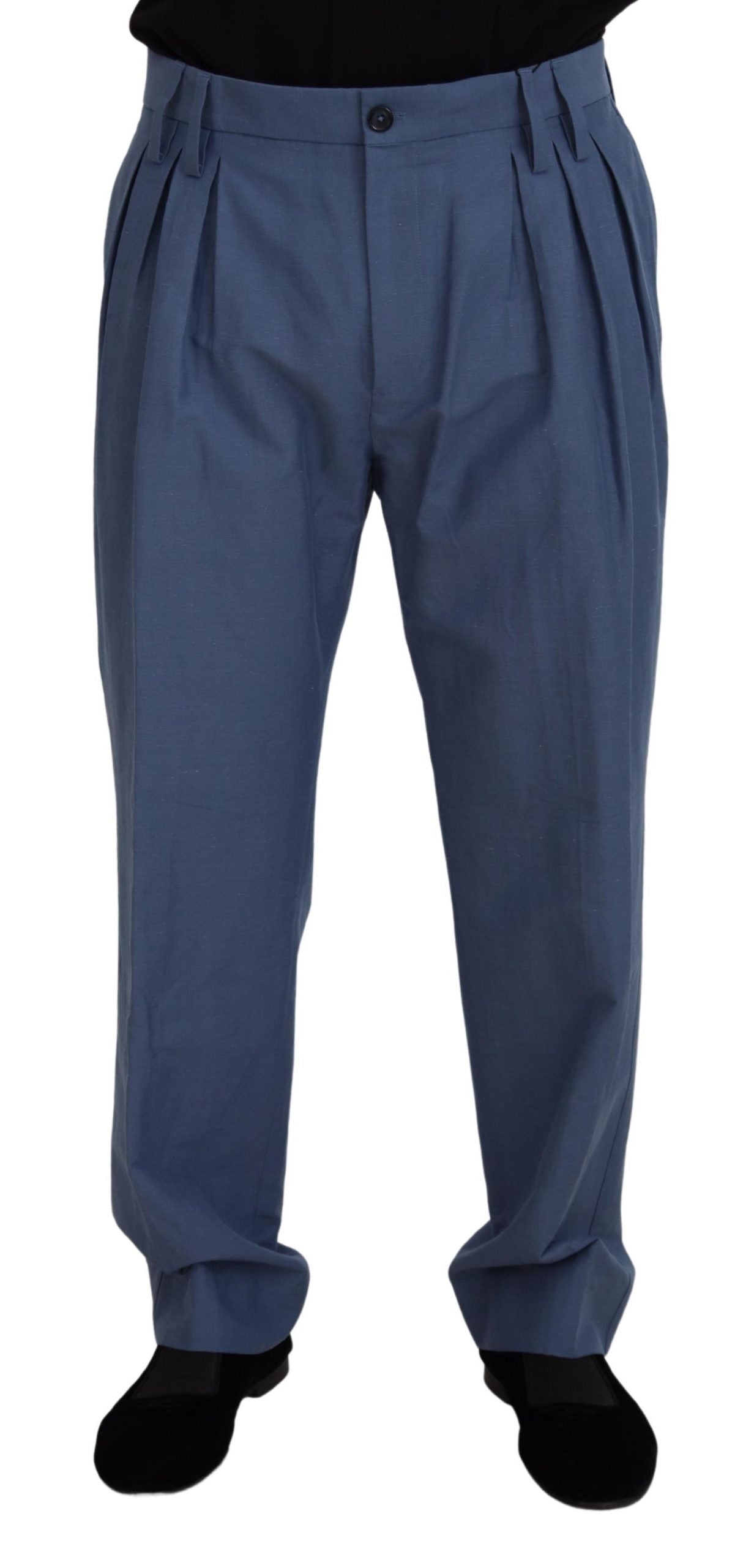 Elegant Blue Linen-Cotton Blend Trousers