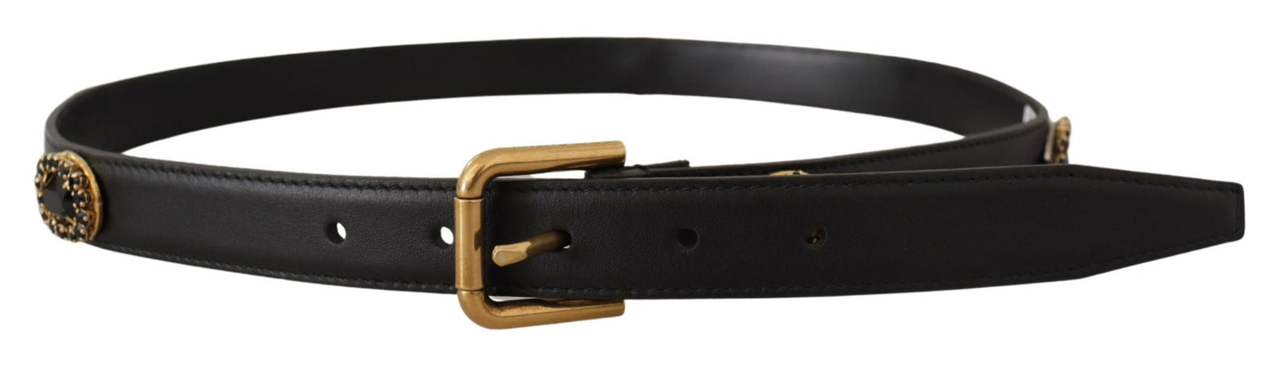 Elegant Black Leather Logo Belt