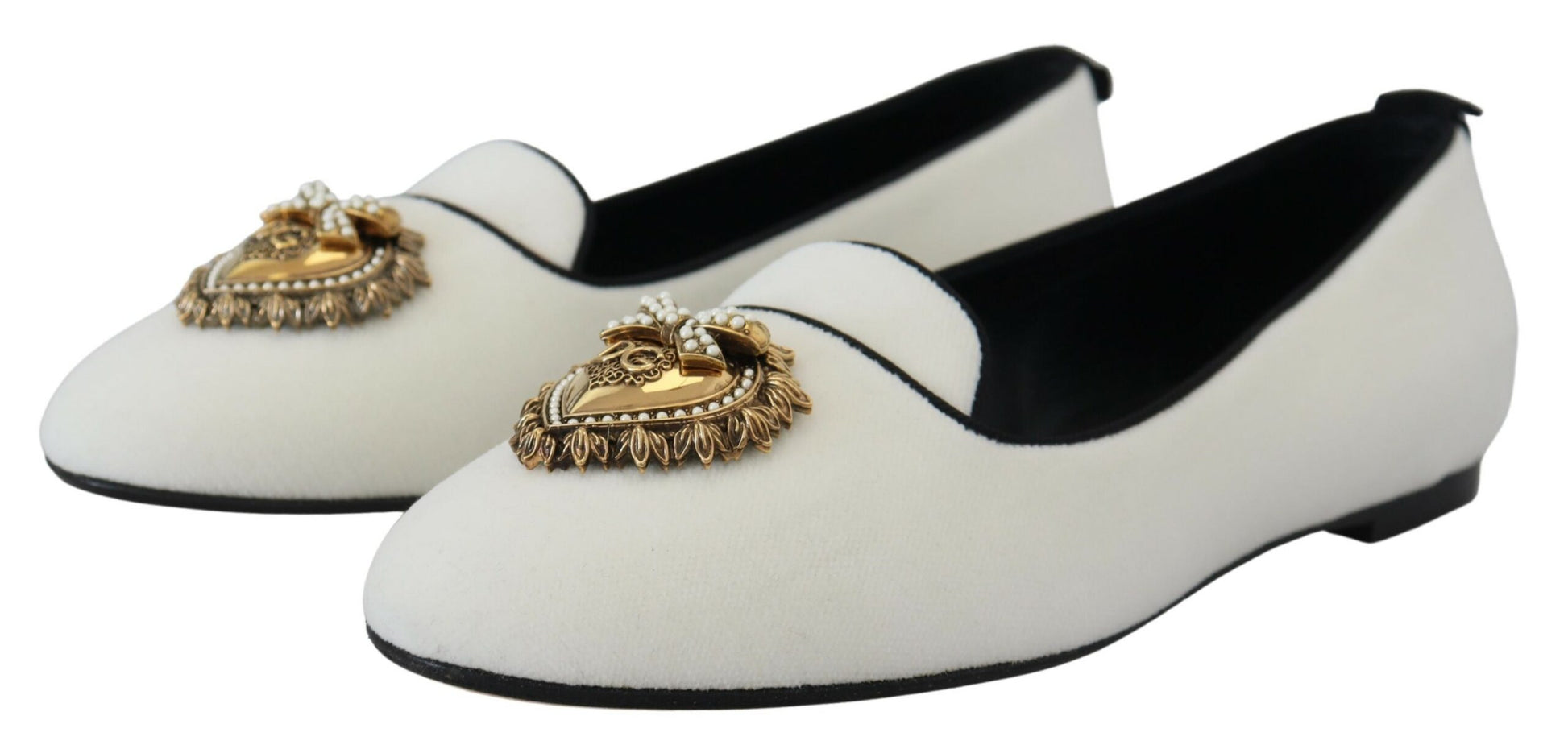 Elegant White Velvet Loafers with Gold Heart Detail