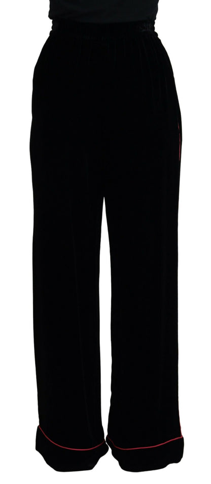 Sleek Black Velvet High-Waist Pants with Pink Stripes