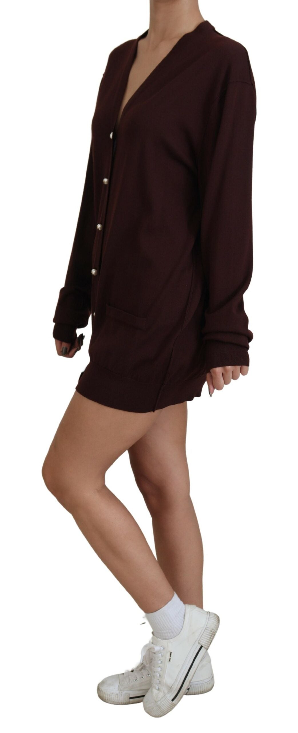 Chic Maroon V-Neck Wool Cardigan