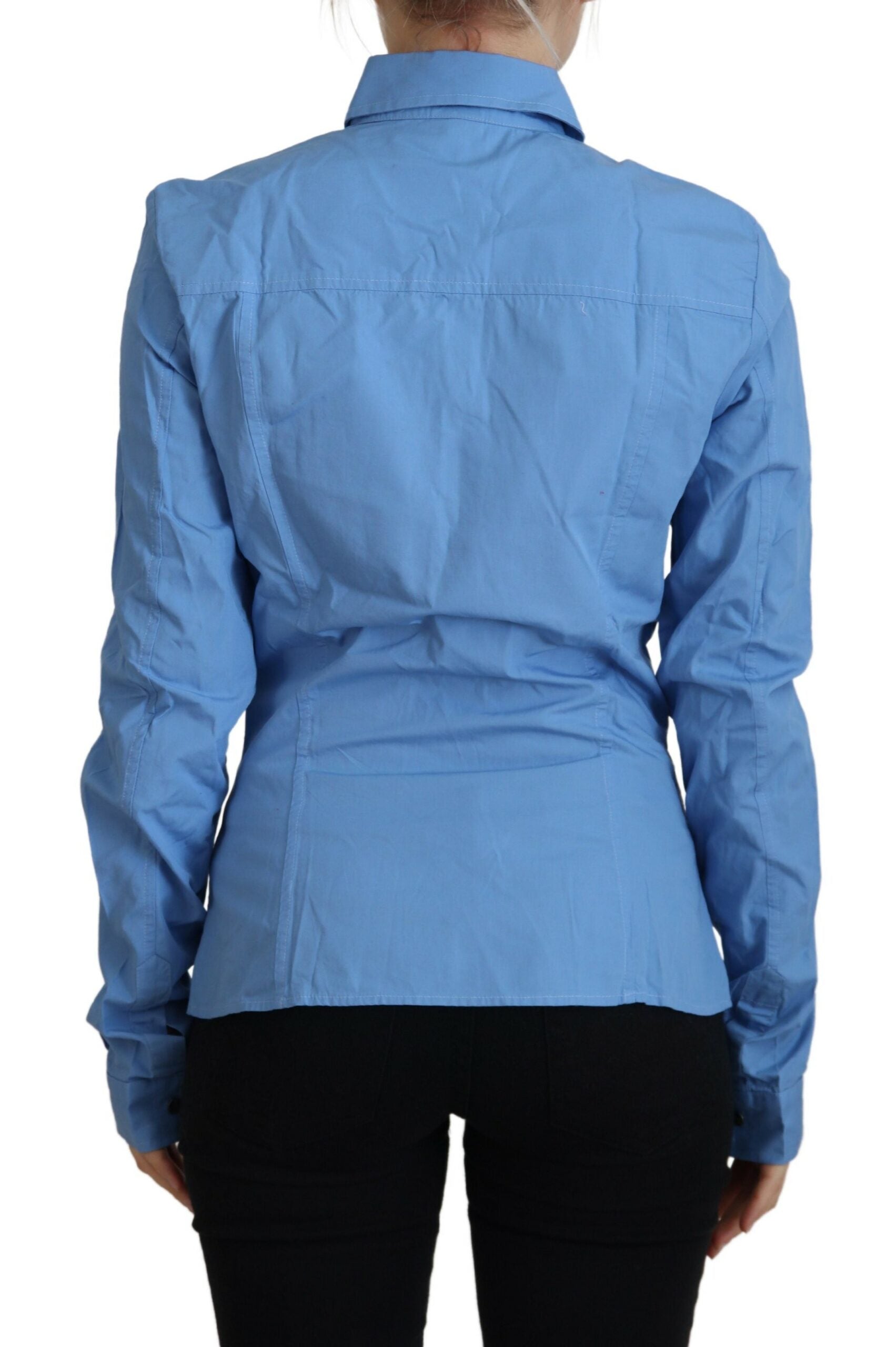 Elegant Blue Cotton Long Sleeve Polo Top