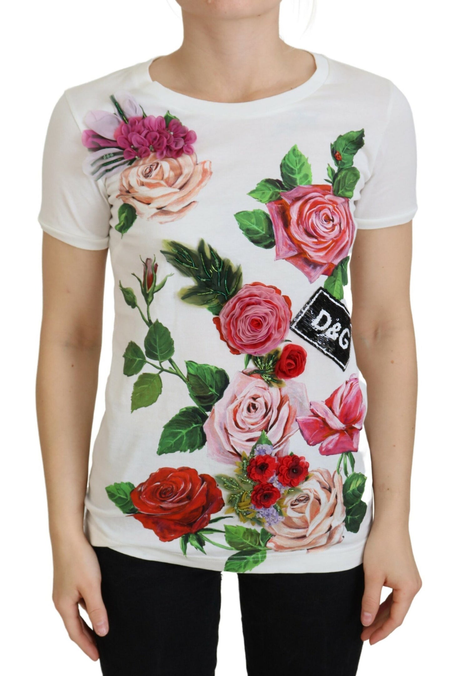 Elegant Multicolor Rose Print Cotton Tee