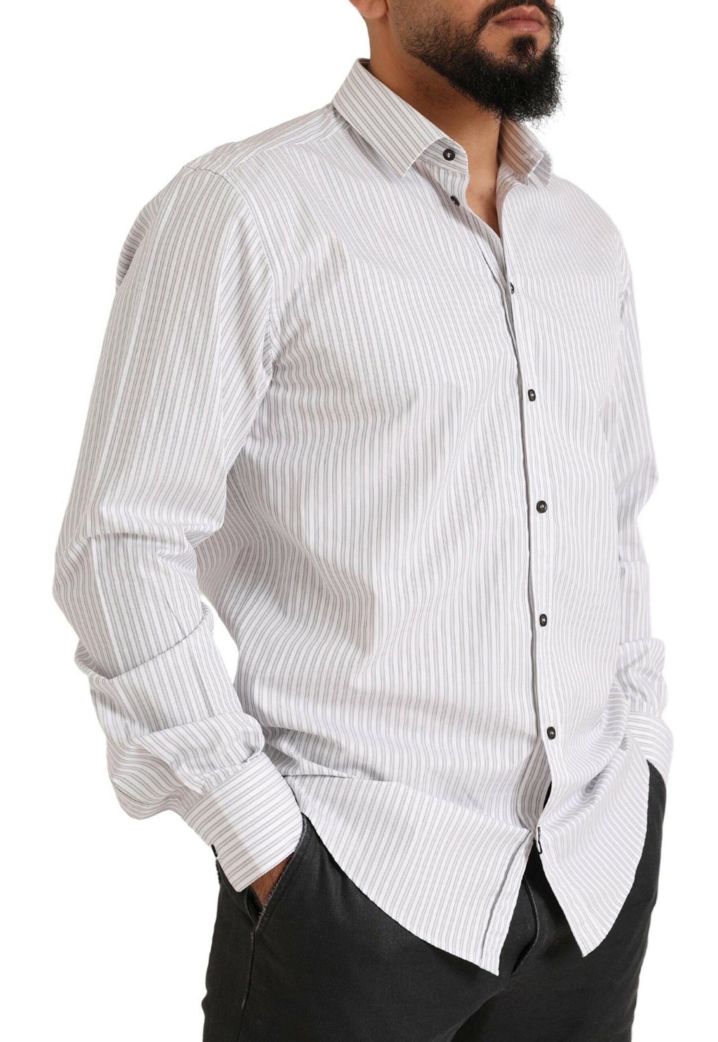 Elegant White Striped Cotton Dress Shirt