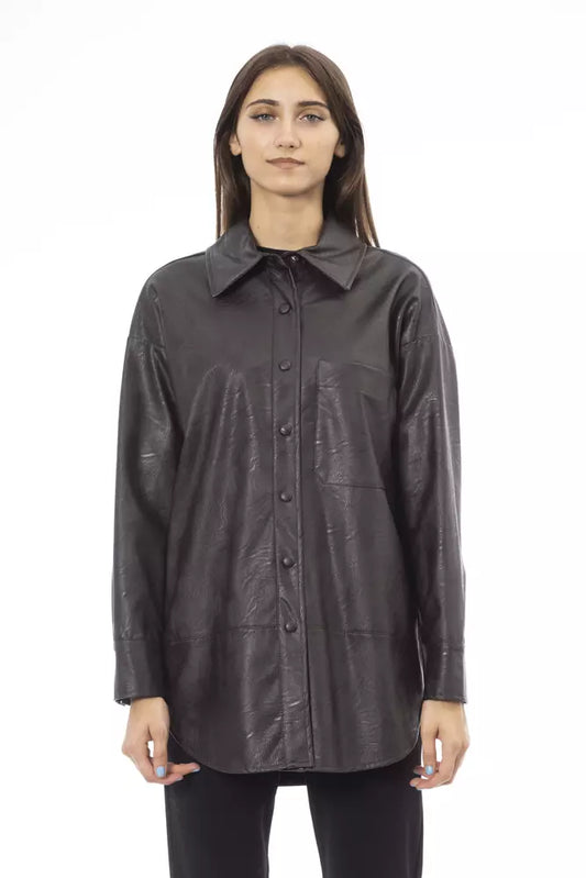 Chic Brown Leatherette Shirt with Pocket Detail