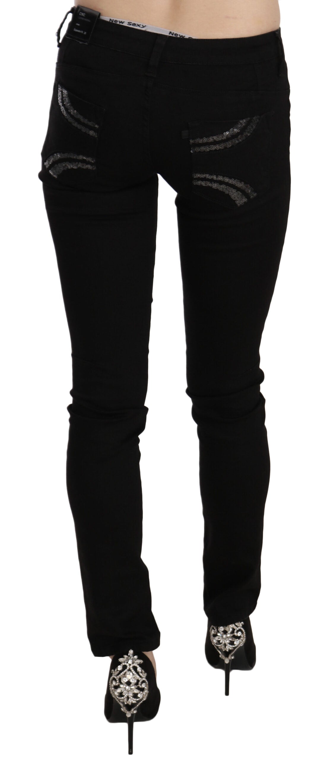 Elegant Black Mid Waist Slim Fit Jeans