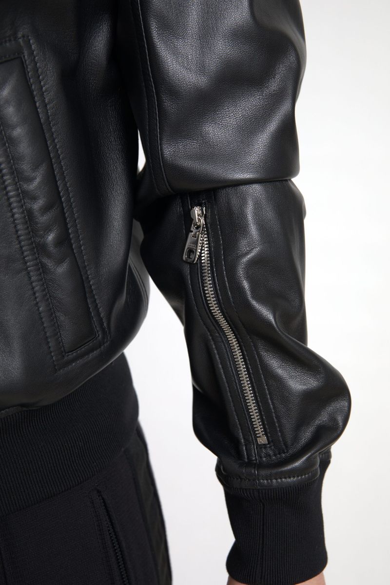 Elegant Black Leather Bomber Jacket