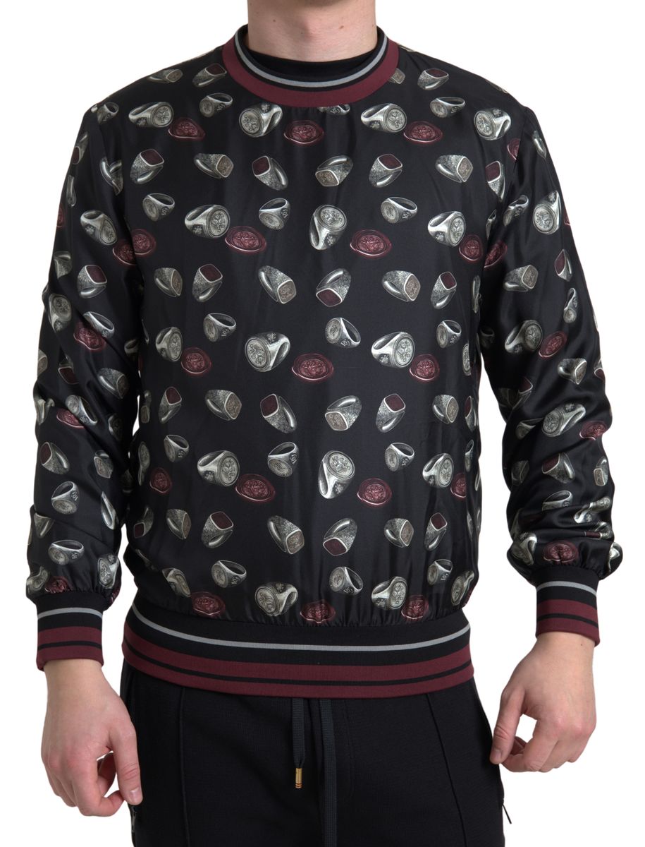 Elegant Silk Crewneck Pullover - Black Multicolor