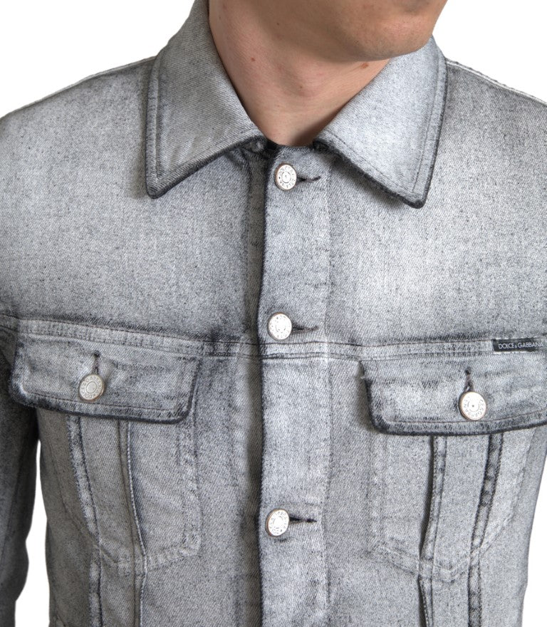 Elegant Gray Cotton Stretch Denim Jacket